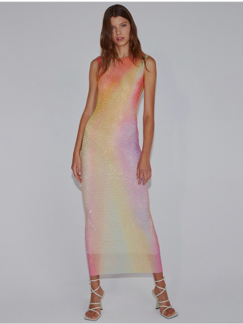 SELF PORTRAIT Printed Mesh Rhinestone Midi Dress